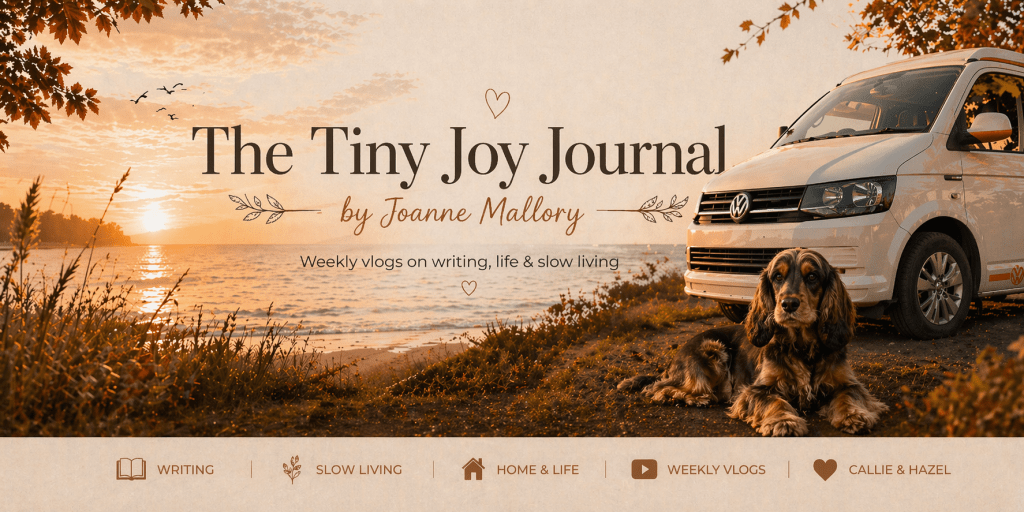 A sable cocker spaniel and vw td5 camper van, highlighting the youtube channel; The Tiny Joy journal.